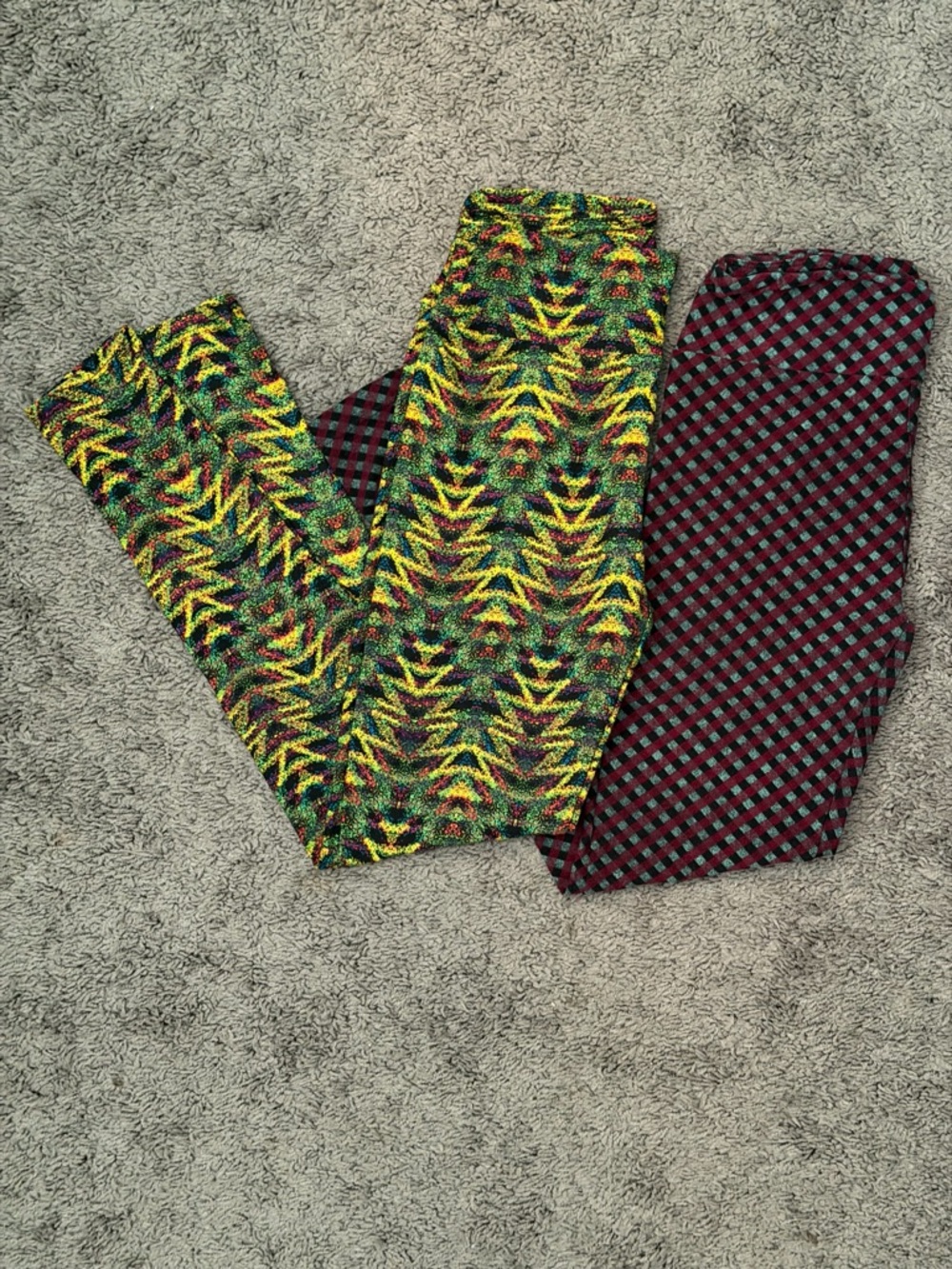 LuLaRoe Leggings Green Yellow Black Pattern & Burgundy Black Check Pair